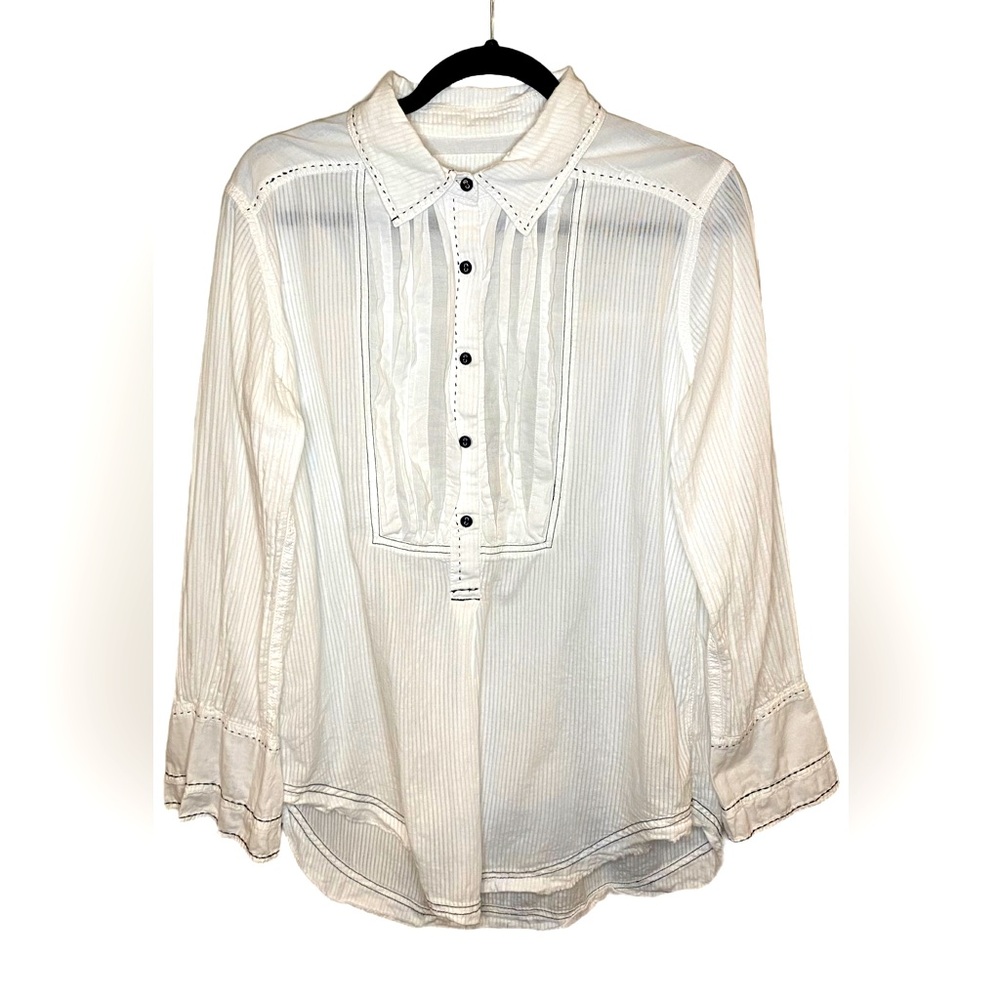 Free People Cotton Womens Gauzy Loose Fitting Button Down Top Distressed Small